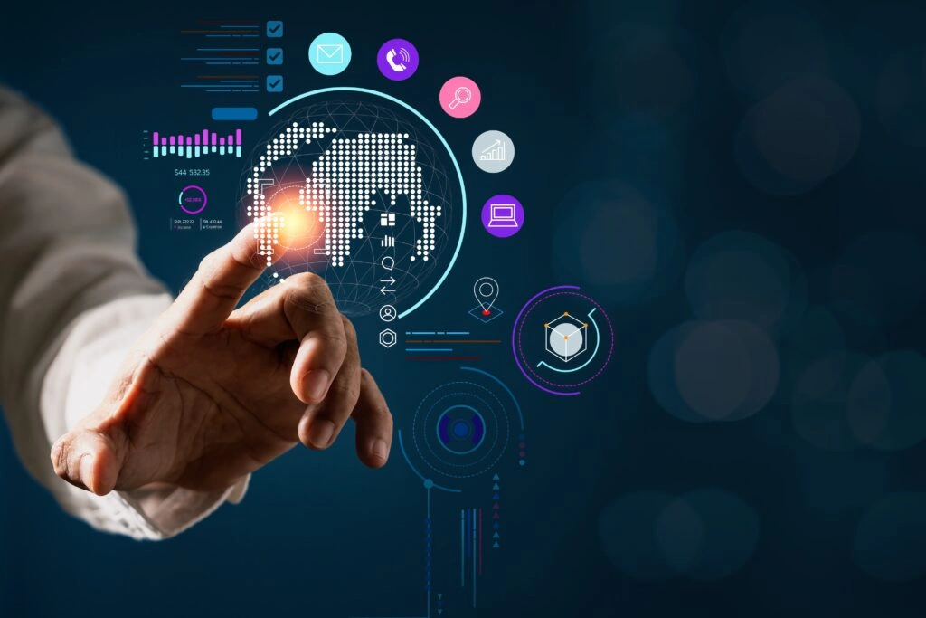 man-touch-on-virtual-screen-to-chat-post-message